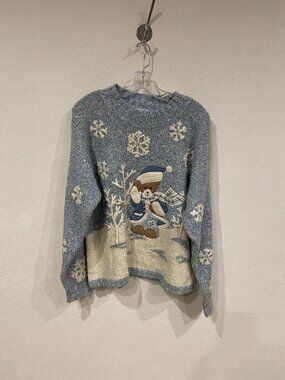 Mandal Bay Sweater Womens Large Blue Bear Snowflake Christmas Knit Pullover